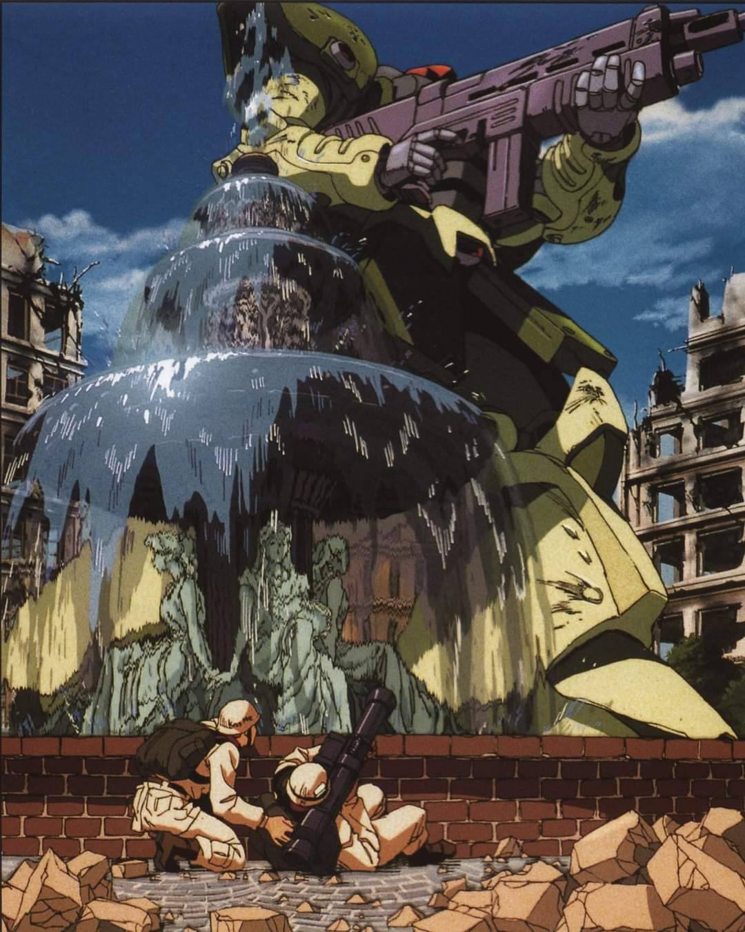 gundam, artist request, highres, non-web source, scan, 2boys, armor, backpack, bag, battle, battlefield, black bag, fountain, helmet, lying, mecha, military combat uniform, military uniform, multiple boys, on back, robot, rocket launcher, rubble, science fiction, soldier, teamwork, war, weapon