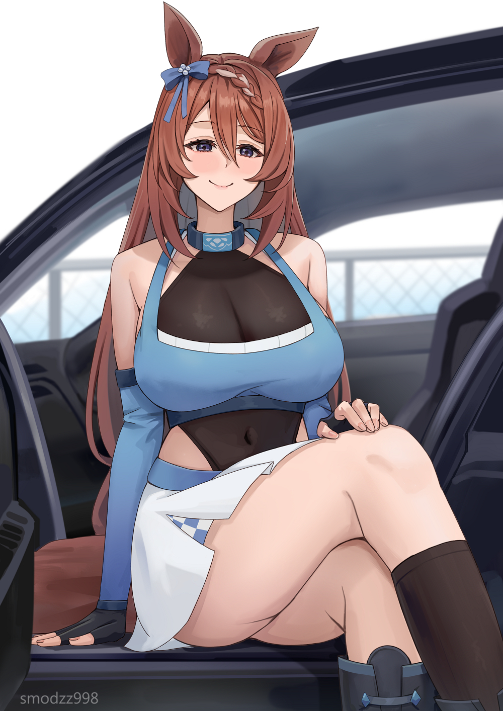 smodzz998, super creek (umamusume), umamusume, highres, animal ears, black leotard, black socks, blue eyes, blue gloves, bow, braid, breasts, brown hair, car, car door, car interior, crossed legs, elbow gloves, fingerless gloves, gloves, horse ears, horse girl, horse tail, large breasts, leotard, long hair, motor vehicle, multicolored hair, pleated skirt, race queen, skirt, smile, socks, tail, thighs, white skirt