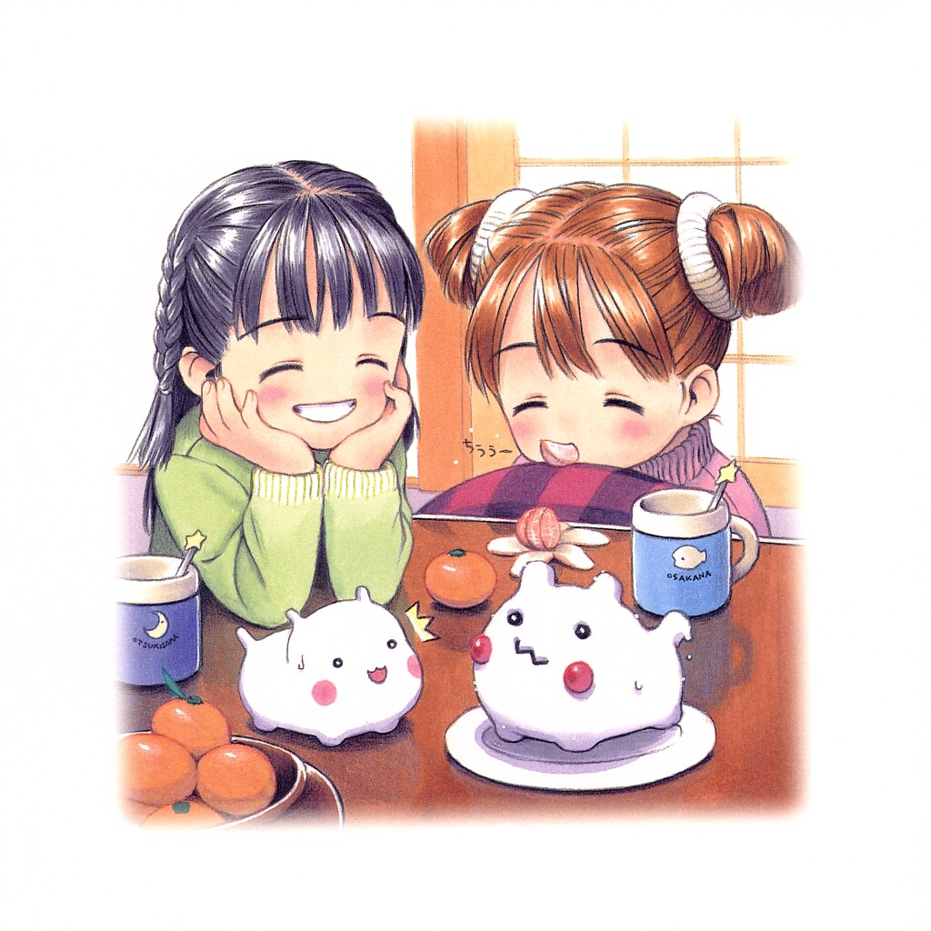 yug (ekaki), 2girls, ^^^, blush, braid, child, closed eyes, cup, food, fruit, kotatsu, mandarin orange, mouth hold, mug, multiple girls, short twintails, smile, table, tangerines, twin braids, twintails