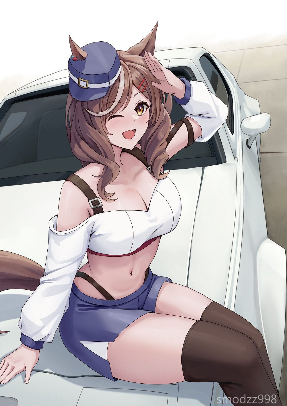 smodzz998, matikanetannhauser (umamusume), umamusume, highres, 1girl, animal ears, black panties, black thighhighs, blush, breasts, brown hair, car, cleavage, hair ornament, hairclip, hat, highleg, highleg panties, horse ears, horse girl, horse tail, long sleeves, motor vehicle, on car, open mouth, panties, race queen, salute, skirt, stomach, tail, thighhighs, underwear