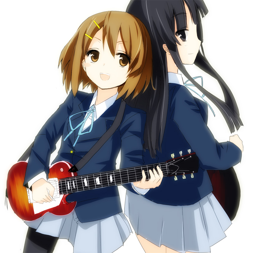 gotyou, akiyama mio, hirasawa yui, k-on!, bad id, bad pixiv id, 00s, 2girls, black eyes, black hair, blunt bangs, brown eyes, brown hair, electric guitar, gibson les paul, guitar, hime cut, instrument, multiple girls, pantyhose, school uniform