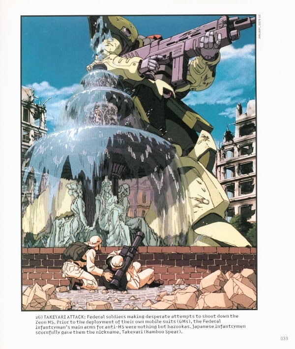 gundam, artist request, scan, scan artifacts, 2boys, armor, backpack, bag, battle, battlefield, black bag, english text, fountain, helmet, lying, mecha, military combat uniform, military uniform, multiple boys, on back, robot, rocket launcher, rubble, science fiction, soldier, teamwork, war, weapon