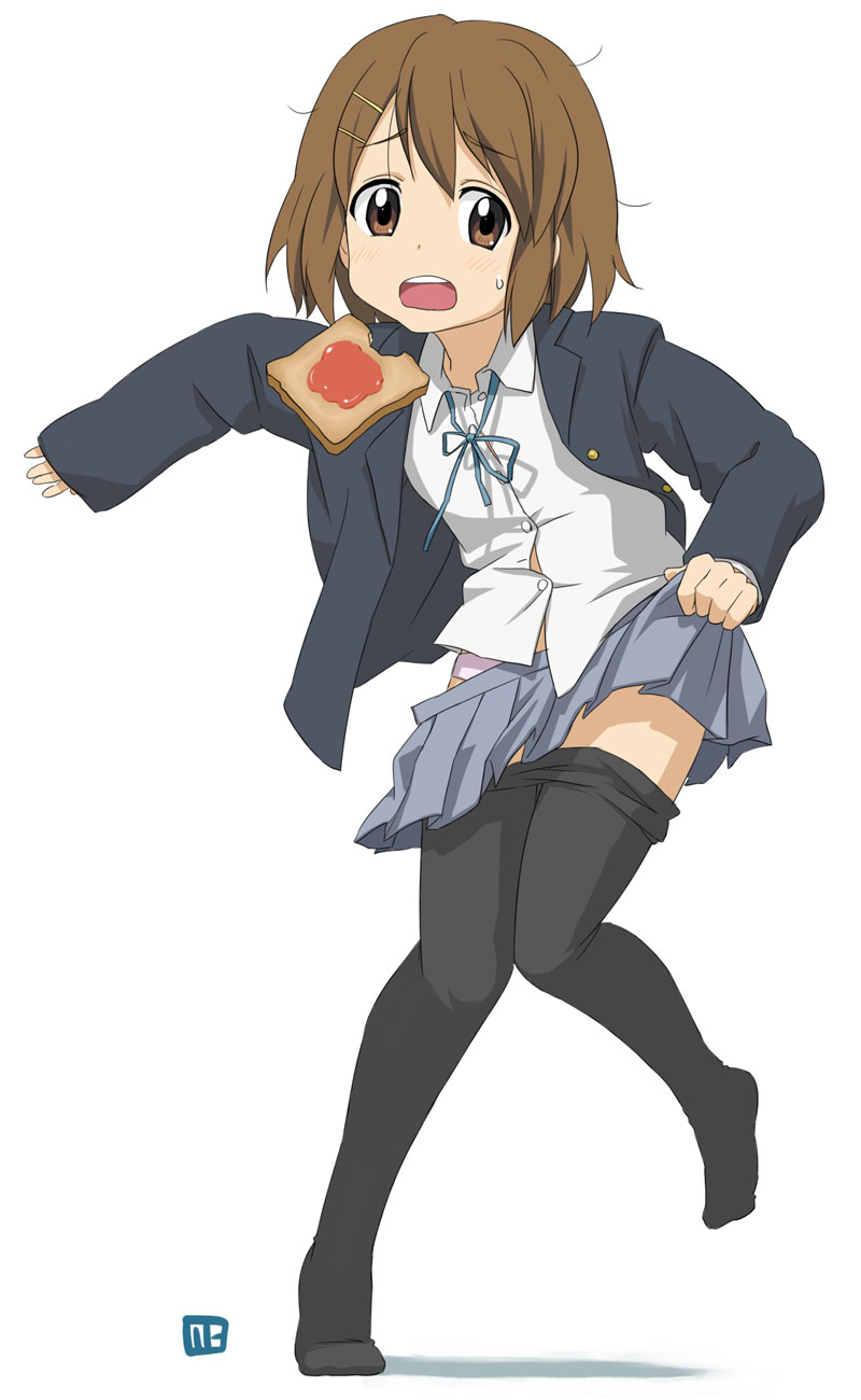 nagian, hirasawa yui, k-on!, bad id, bad pixiv id, highres, 00s, 1girl, bread, bread slice, brown eyes, brown hair, dressing, female focus, food, full body, panties, pantyhose, pink panties, school uniform, short hair, socks, solo, standing, sweat, toast, underwear