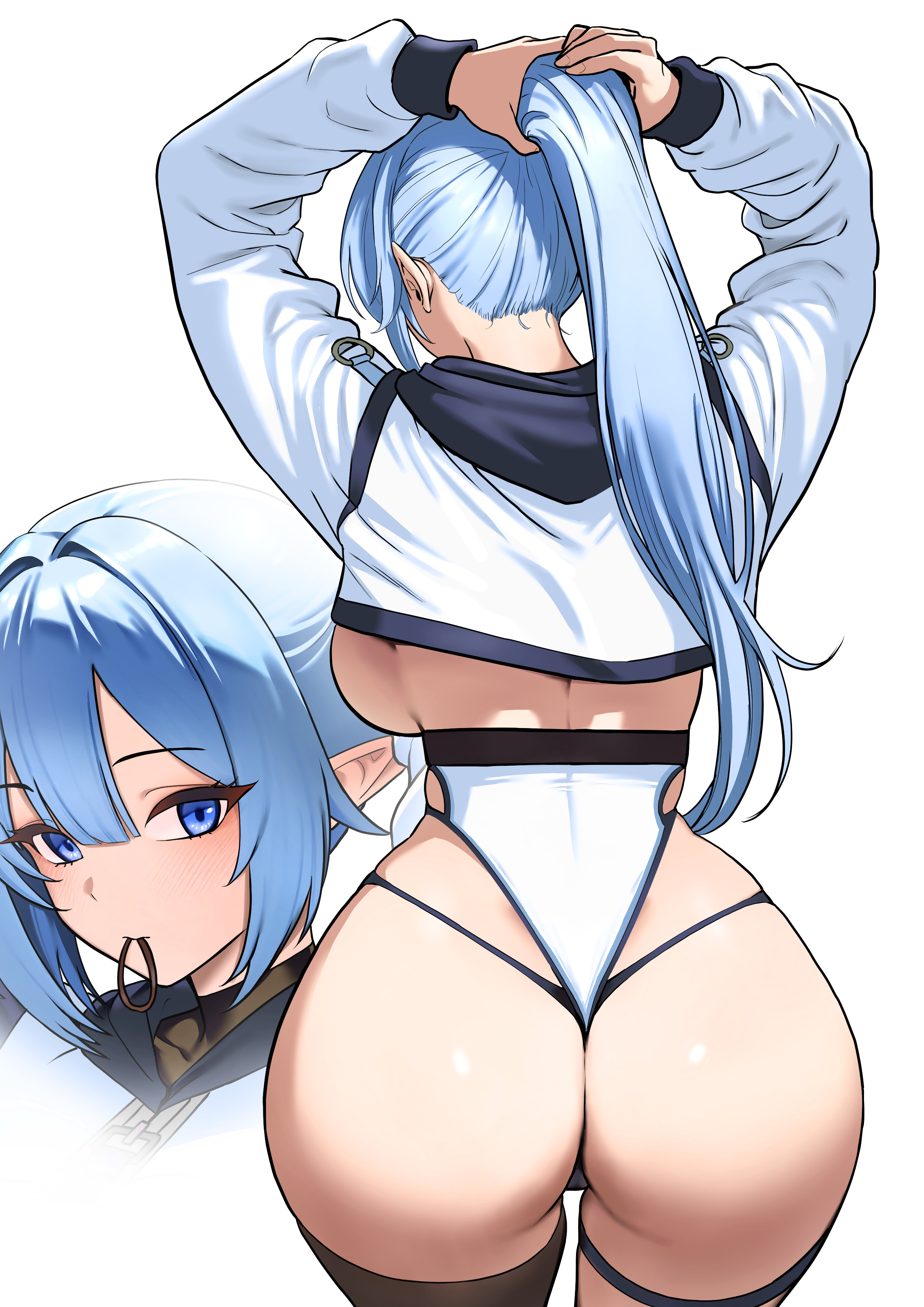 mr tangsuyuk, original, absurdres, commission, highres, 1girl, arms behind head, arms up, ass, back, black panties, blue eyes, blue hair, breasts, brown thighhighs, character pria, cowboy shot, crop top, from behind, highleg, highleg leotard, large breasts, leotard, long hair, long sleeves, looking at viewer, mouth hold, multiple views, panties, pointy ears, ponytail, shirt, simple background, single thighhigh, string panties, thigh strap, thighhighs, tying hair, underwear, white background, white leotard, white shirt