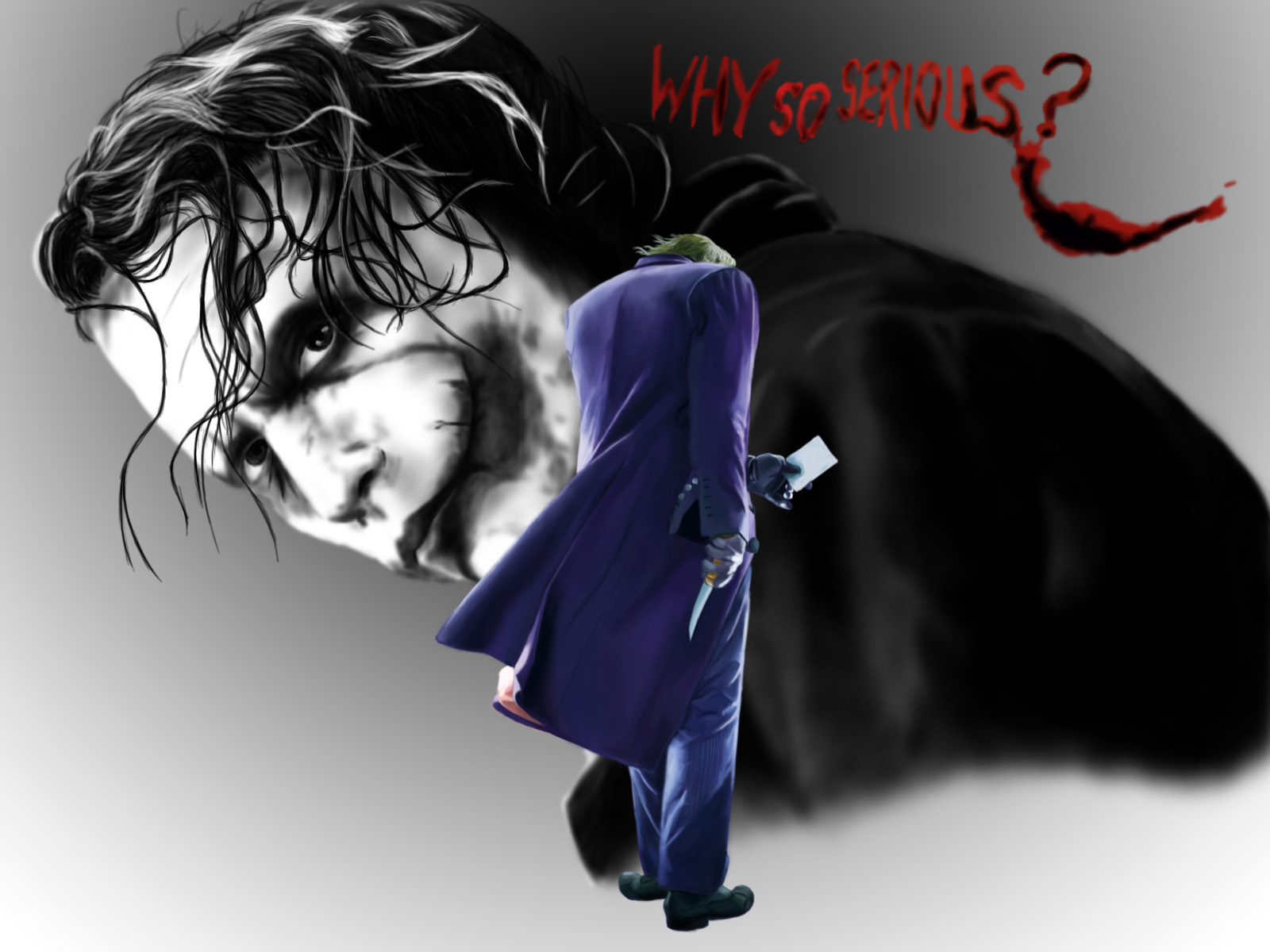 yellow rabbit, the joker, batman (series), dc comics, the dark knight, highres, 1boy, card, glasgow smile, green hair, holding, holding card, knife, male focus, solo, why so serious