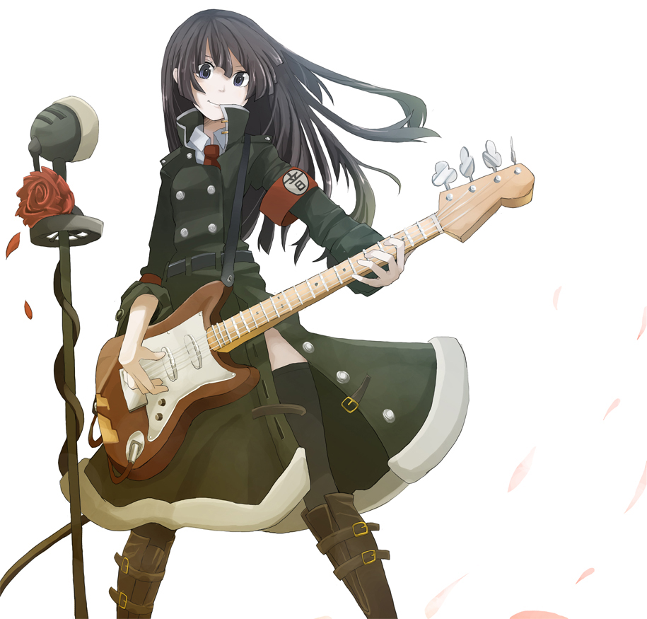tansuke, tnsk, akiyama mio, k-on!, 00s, 1girl, armband, bass guitar, black hair, blue eyes, blunt bangs, female focus, guitar, hime cut, instrument, long hair, microphone, microphone stand, simple background, solo