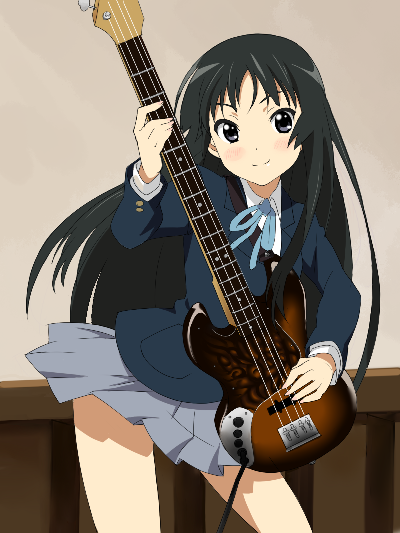 rutarou, akiyama mio, k-on!, bad id, bad pixiv id, 00s, 1girl, bass guitar, black hair, blunt bangs, blush, closed mouth, dot nose, feet out of frame, female focus, guitar, hime cut, holding, indoors, instrument, legs, long hair, long sleeves, looking at viewer, sakuragaoka high school uniform, school uniform, skirt, smile, solo, standing