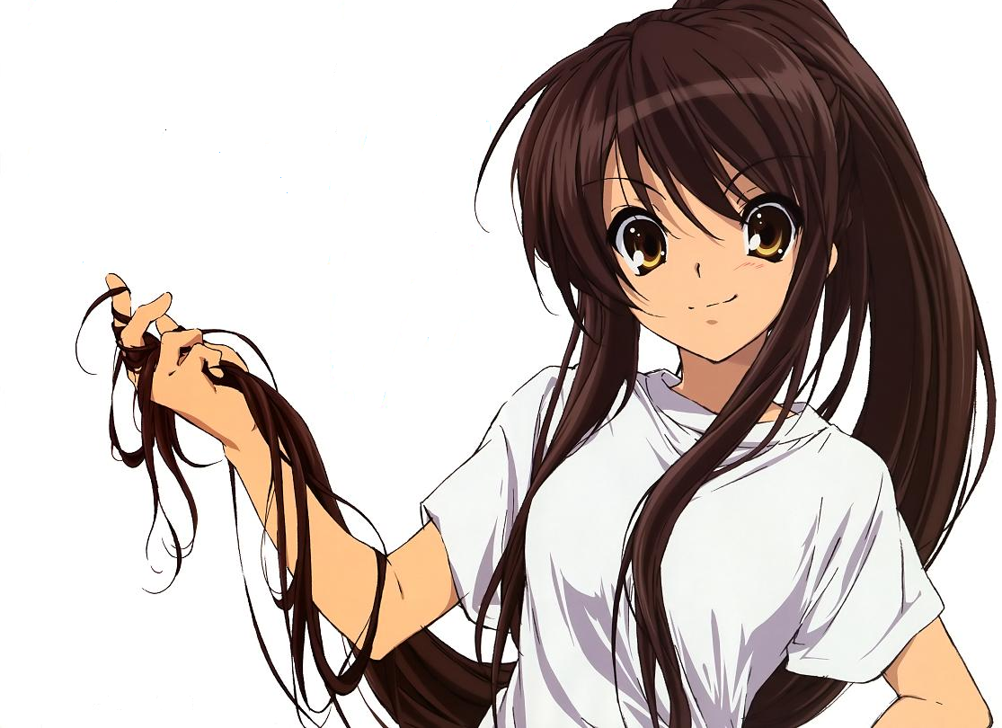 suzumiya haruhi no yuuutsu, 00s, 1girl, brown hair, female focus, long hair, shirt, simple background, smirk, solo, standing, t-shirt, upper body, white background, yellow eyes