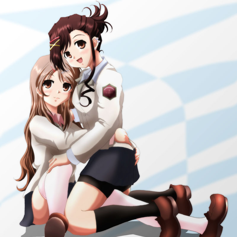 yasurin (don't mind!), sakurai kanade, sakurai yukino, candy boy, 00s, 2girls, blush, brown eyes, brown hair, earrings, hair ornament, hairclip, hug, incest, jewelry, long hair, multiple girls, school uniform, siblings, sisters, smile, thighhighs, yuri