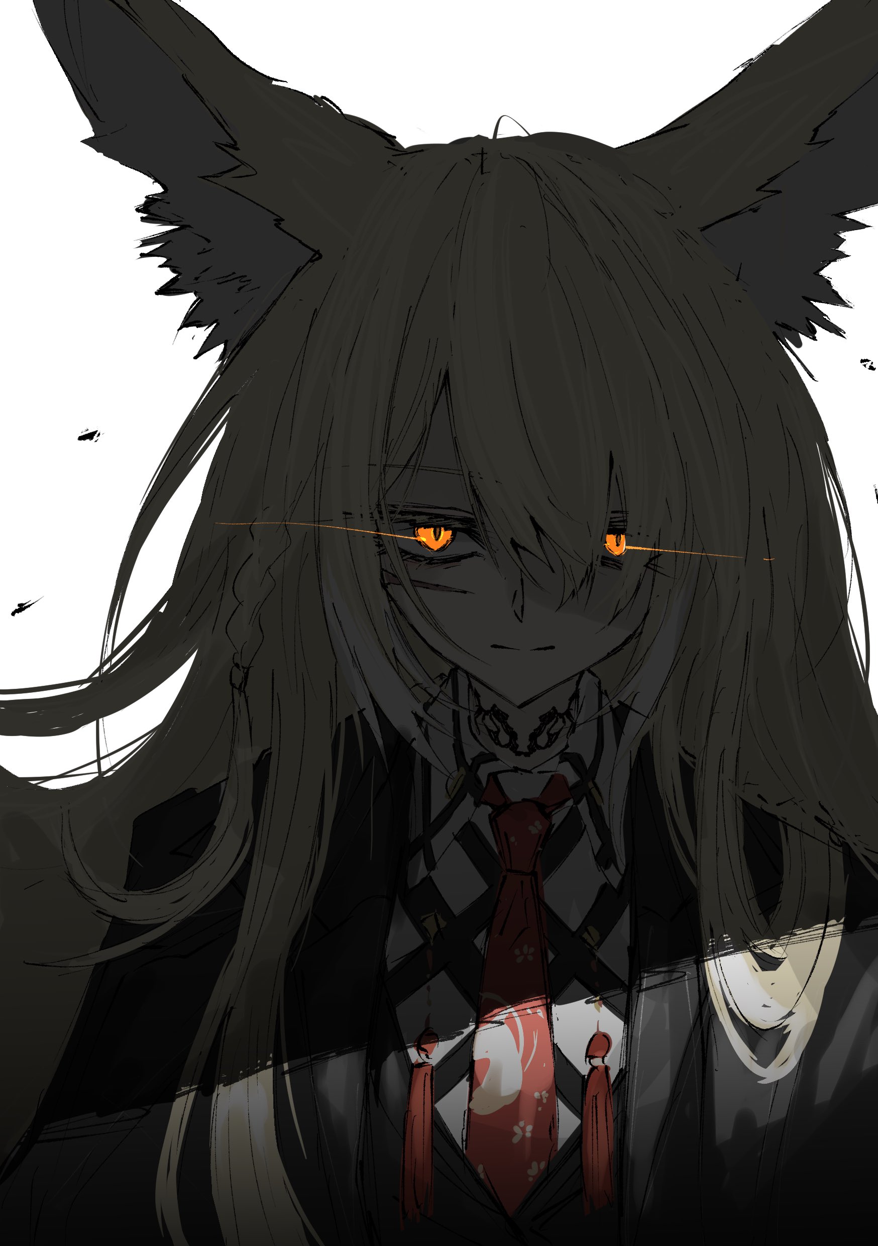 aizettonagi, vulpisfoglia (arknights), arknights, absurdres, commentary, highres, 1girl, animal ears, black jacket, blonde hair, closed mouth, eye trail, glowing, glowing eyes, hair between eyes, jacket, light smile, light trail, long hair, looking at viewer, necktie, one-hour drawing challenge, orange eyes, portrait, red necktie, scar, scar across eye, scar on face, shaded face, simple background, solo, tassel, white background