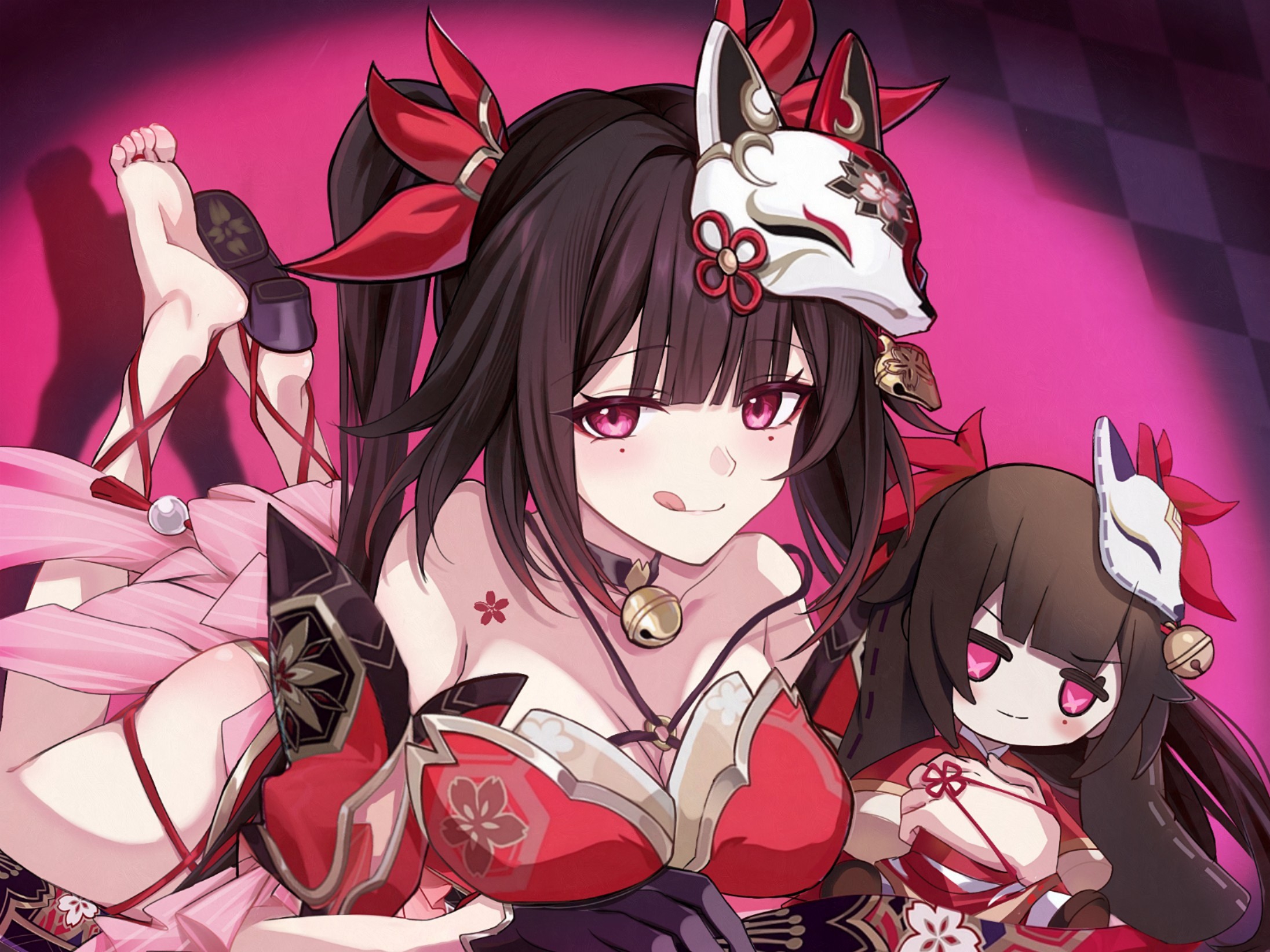 saint laurent paris, sparkle (honkai: star rail), honkai: star rail, honkai (series), highres, 1girl, barefoot, breasts, brown hair, chest tattoo, cleavage, closed mouth, collarbone, detached sleeves, fox mask, holding, holding stuffed toy, japanese clothes, kimono, light blush, long hair, long sleeves, looking at viewer, lying, mask, mask on head, medium breasts, mole, mole under eye, on stomach, pink eyes, red kimono, smile, solo, stuffed animal, stuffed toy, tattoo, the pose, twintails, very long hair