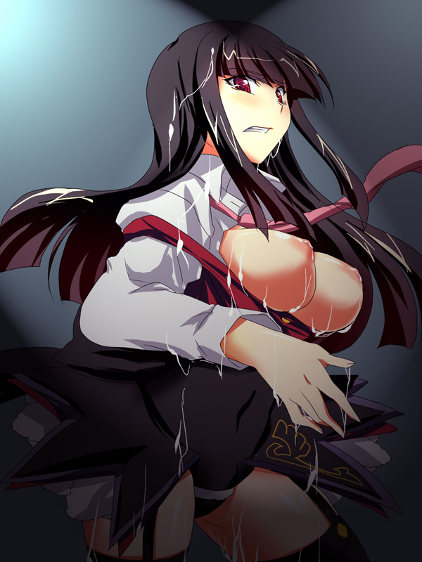 mekabu, lucifer (umineko), umineko no naku koro ni, bad id, bad pixiv id, 00s, 1girl, black hair, blunt bangs, breasts, cum, female focus, hime cut, large breasts, long hair, necktie, nipples, panties, puffy nipples, solo, sweat, thighhighs, underwear