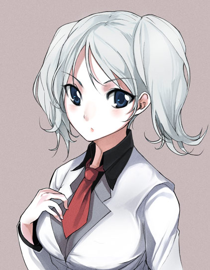 kamiyama sakuya, candy boy, artist request, 00s, 1girl, blue eyes, blush, breasts, grey hair, hand on own chest, jacket, large breasts, long hair, long sleeves, looking at viewer, necktie, red necktie, school uniform, twintails, upper body, white jacket