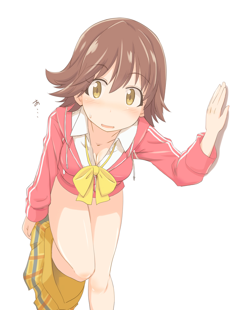 kugui kiyunemu, honda mio, idolmaster, idolmaster cinderella girls, commentary request, …, 1girl, arm support, blush, bow, bowtie, breasts, brown hair, cleavage, collarbone, collared shirt, dress shirt, embarrassed, foot out of frame, hair between eyes, hood, hood down, hooded jacket, invisible wall, jacket, leaning forward, long sleeves, looking at viewer, medium breasts, medium hair, open mouth, pink jacket, plaid clothes, plaid skirt, pleated skirt, shadow, shirt, sidelocks, simple background, skirt, solo, standing, standing on one leg, sweat, thighs, undressing, white background, white shirt, yellow bow, yellow bowtie, yellow eyes, yellow skirt