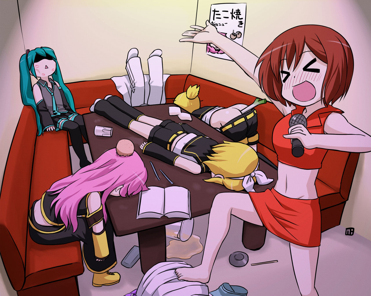 nagian, hatsune miku, kagamine len, kagamine rin, kaito (vocaloid), kamui gakupo, megurine luka, meiko (vocaloid), takoluka, vocaloid, > <, 3boys, 4girls, :<, ass, barefoot, blush, book, cameo, closed eyes, drunk, face down, head bump, injury, karaoke, lipstick, lipstick mark, makeup, microphone, midriff, multiple boys, multiple girls, music, negi suppository, singing, sleeping, spring onion, thighhighs