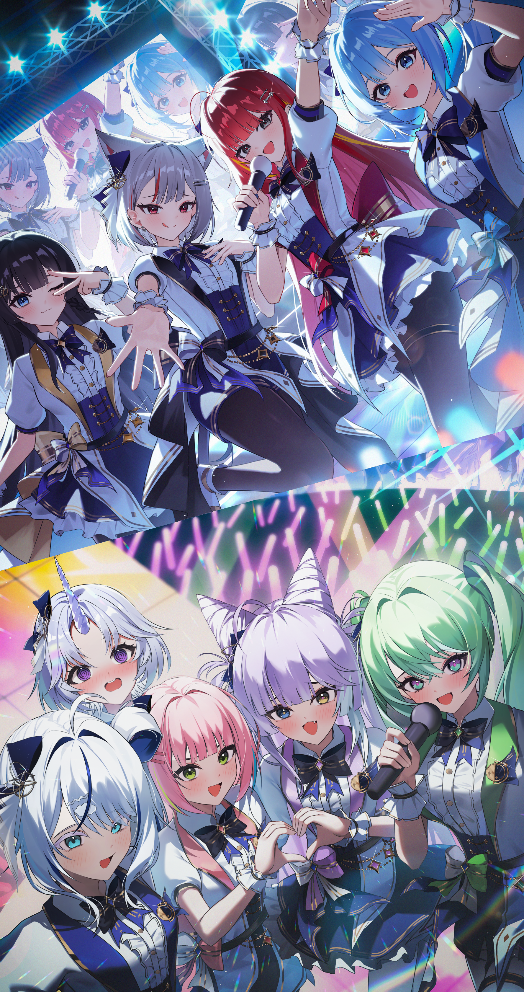 shuvi (shuvi1125), akane lize, aokumo rin, arahashi tabi, ayatsuno yuni, hanako nana, neneko mashiro, shirayuki hina, tenko shibuki, yuzuha riko, stellive, absurdres, commentary, highres, 6+girls, @ @, ahoge, animal ears, aqua eyes, arm up, black hair, black pantyhose, blue bow, blue bowtie, blue eyes, blue hair, blush, bow, bowtie, center-flap bangs, center frills, closed mouth, collared dress, concert, double-parted bangs, dress, dress bow, earclip, everyone, fang, foot up, forehead, frilled dress, frilled wristband, frills, green eyes, green hair, grey eyes, grey hair, hair between eyes, hair bow, hair intakes, hair ornament, hairclip, hand up, heart, heart hair ornament, heart hands, heart hands duo, heterochromia, holding, holding microphone, horns, long bangs, long hair, matching outfits, medium hair, microphone, multicolored bow, multicolored dress, multicolored eyes, multicolored hair, multiple girls, multiple views, nose blush, one eye closed, open mouth, outstretched arm, pantyhose, parallel hairclips, parted bangs, pink hair, purple eyes, purple hair, raised inner eyebrows, reaching, reaching towards viewer, red eyes, screen, short dress, short hair, short sleeves, single horn, smile, split mouth, stage lights, standing, streaked hair, swept bangs, thigh strap, tongue, tongue out, two-tone eyes, unicorn horn, v, v over eye, virtual youtuber, wing collar, yellow eyes