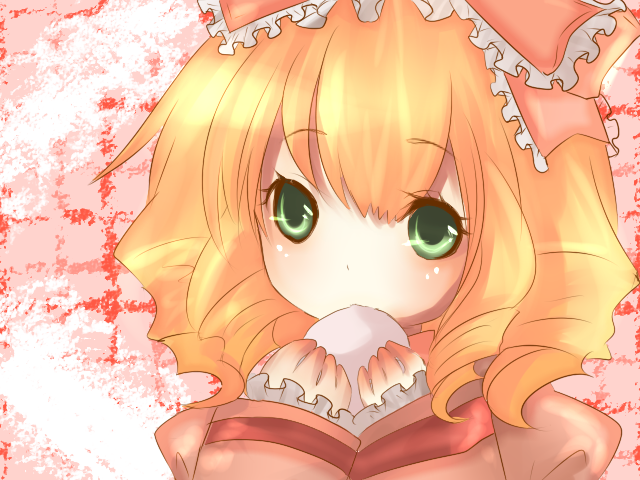 monako, hinaichigo, rozen maiden, bad id, bad pixiv id, 00s, blonde hair, bow, drill hair, eating, green eyes, short hair, solo