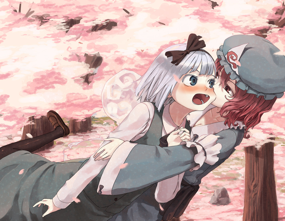 itsutsu, konpaku youmu, konpaku youmu (ghost), saigyouji yuyuko, touhou, bad id, bad pixiv id, 2girls, biting, cherry blossoms, female focus, hat, hug, multiple girls, nature, open mouth, outdoors, plant