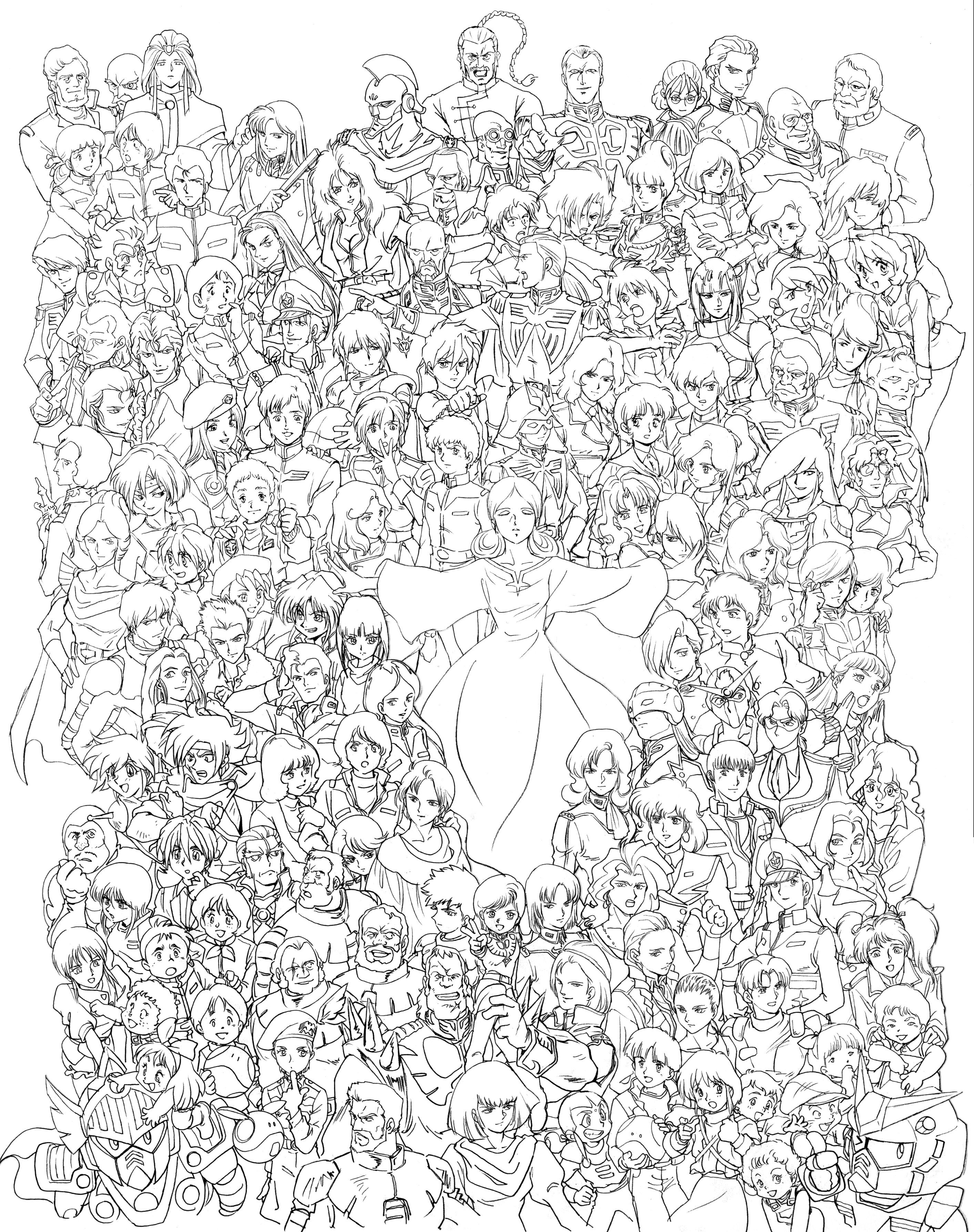 dokite tsukasa, amuro ray, char aznable, domon kasshu, elpeo puru, haman karn, lalah sune, master asia, quess paraya, sayla mass, char's counterattack, g gundam, gundam, gundam gihren no yabou, gundam wing, gundam zz, mobile suit gundam, sd gundam, zeta gundam, absurdres, character request, highres, official art, closed mouth, everyone, greyscale, lineart, long hair, medium hair, monochrome, multiple boys, multiple girls, open mouth, retro artstyle, short hair, simple background, smile, white background