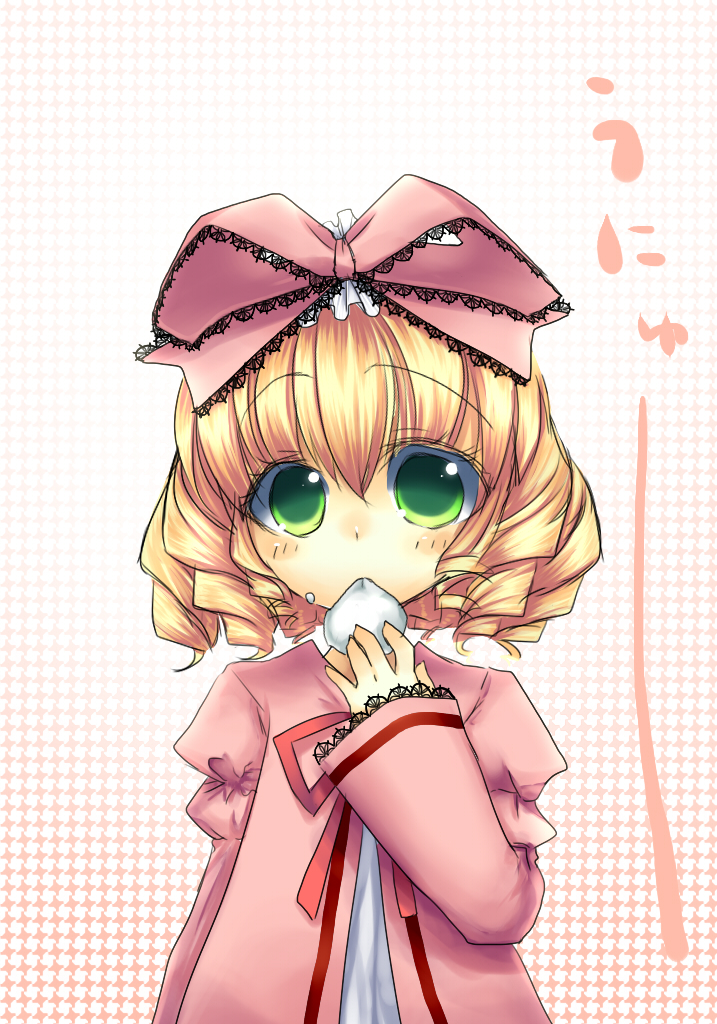aobara, hinaichigo, rozen maiden, 00s, 1girl, blonde hair, bow, dress, drill hair, eating, female focus, green eyes, short hair, solo, unyu