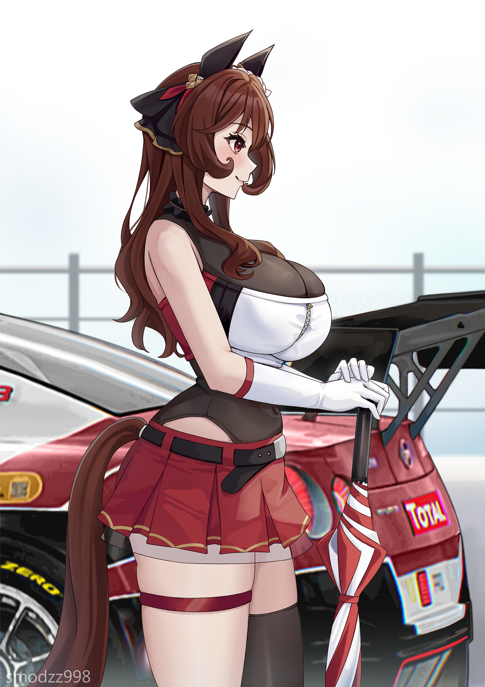 smodzz998, gentildonna (umamusume), umamusume, commentary, highres, 1girl, animal ears, belt, black belt, black leotard, black thighhighs, breasts, brown hair, car, ear covers, gloves, hair rings, holding, holding umbrella, horse ears, horse girl, leotard, motor vehicle, planted, planted umbrella, pleated skirt, race queen, red eyes, red skirt, single thighhigh, skirt, thigh strap, thighhighs, umbrella, white gloves