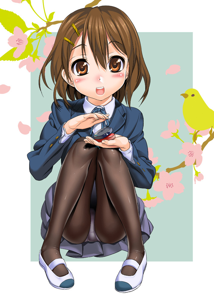 black olive, sugaishi, sugaishi (unbr), hirasawa yui, k-on!, 00s, 1girl, bird, blush, brown eyes, brown hair, castanets, female focus, hair ornament, hairclip, instrument, panties, panties under pantyhose, pantyhose, pantyshot, school uniform, shoes, short hair, sitting, skirt, solo, underwear, upskirt, uwabaki, white panties