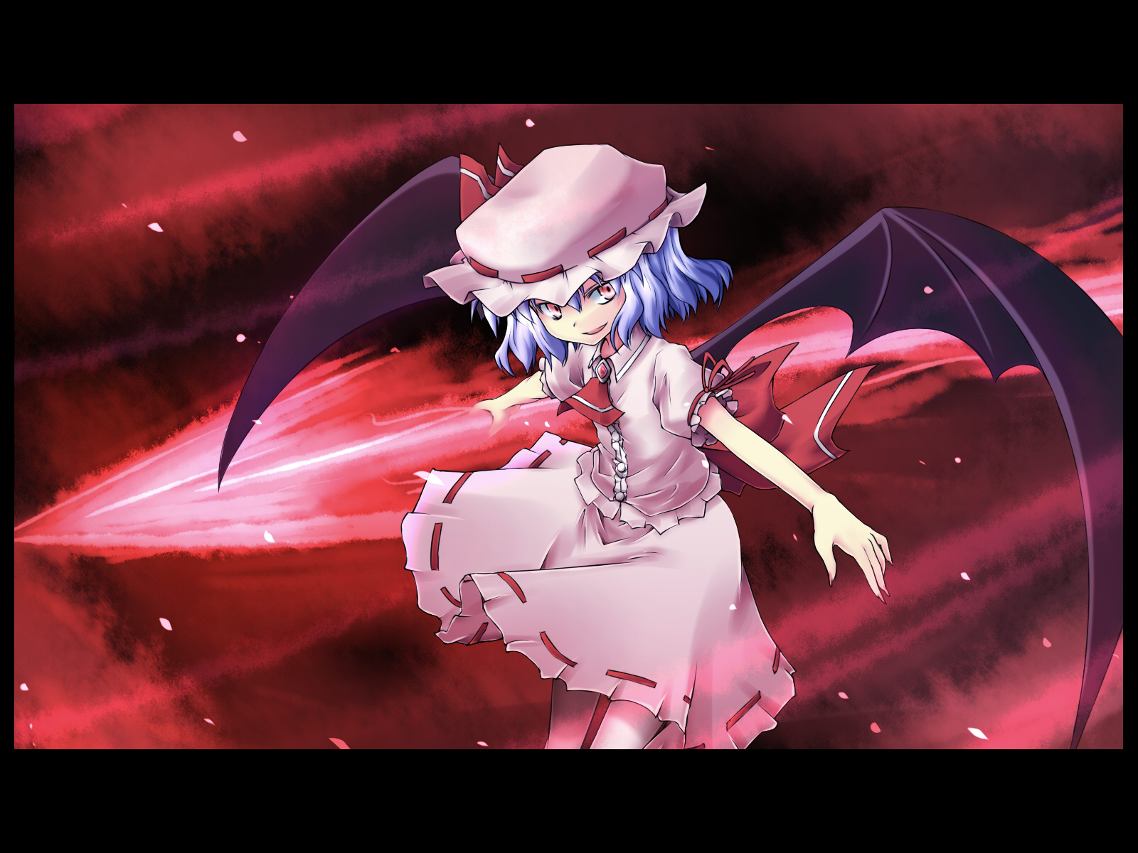 hazumi otoya, remilia scarlet, touhou, highres, 1girl, bat wings, female focus, gradient background, hat, letterboxed, short hair, skirt, solo, spear the gungnir, wings