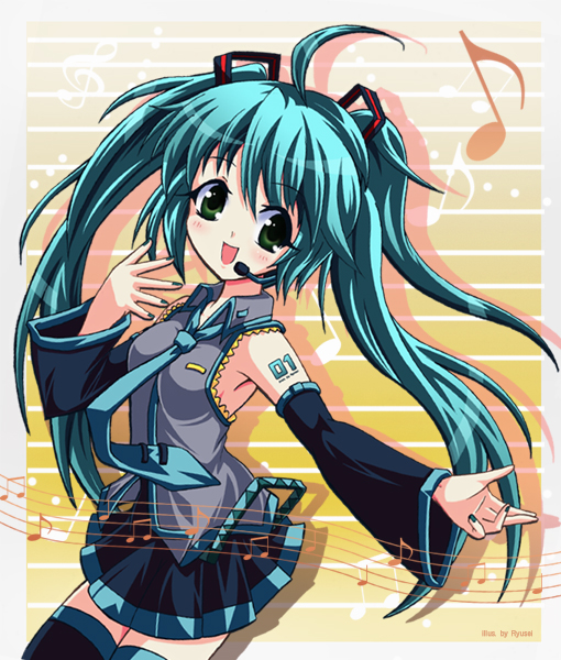 hatsune miku, vocaloid, 1girl, ahoge, aqua hair, detached sleeves, female focus, green eyes, necktie, solo, thighhighs, twintails