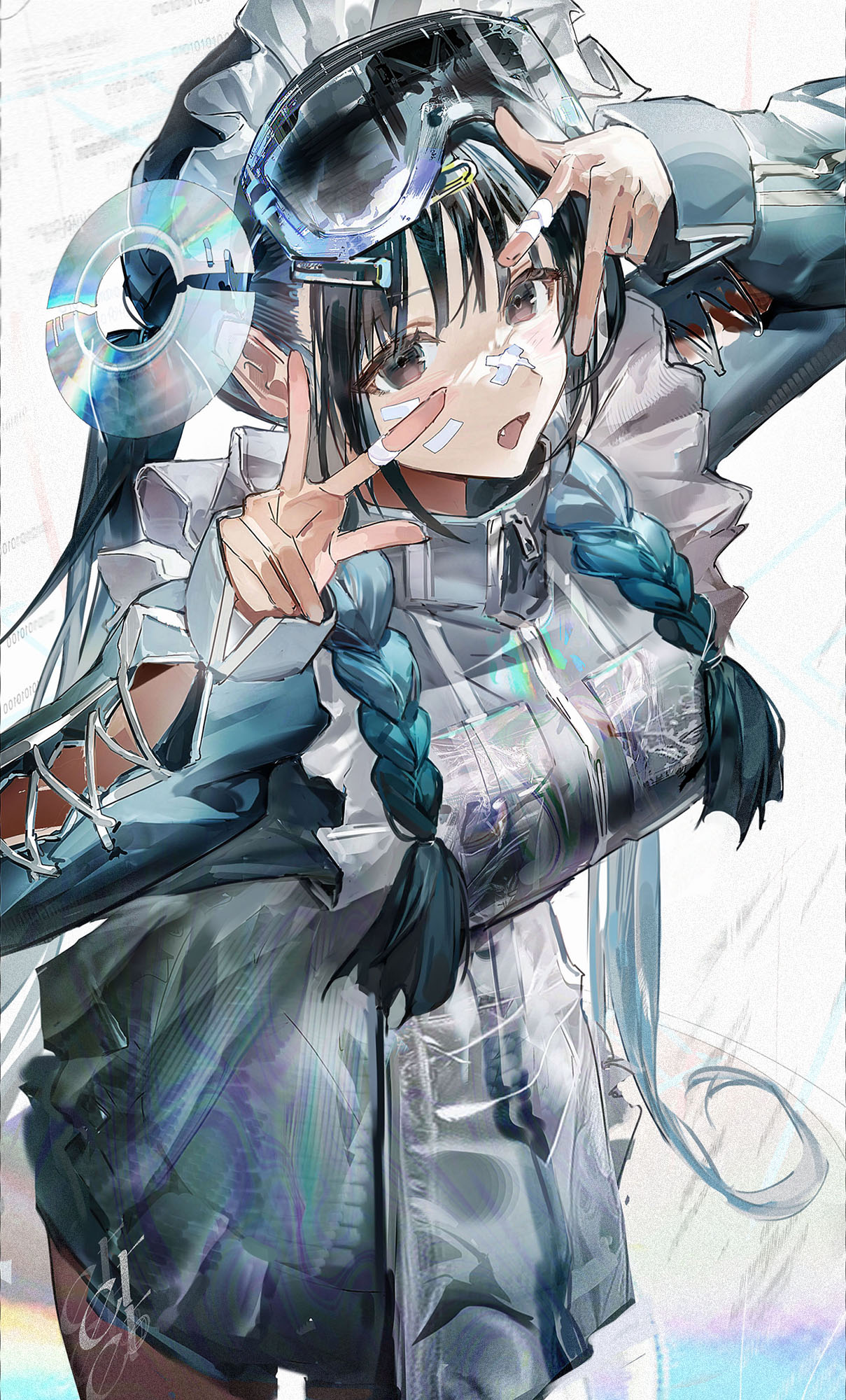 et atr3, original, highres, 1girl, bandaid, bandaid on face, bandaid on finger, bandaid on hand, black hair, blush, braid, breasts, brown eyes, dress, frilled dress, frills, hair ornament, long hair, long sleeves, mask, mask on head, open mouth, sidelocks, simple background, skirt, solo, twin braids, white background