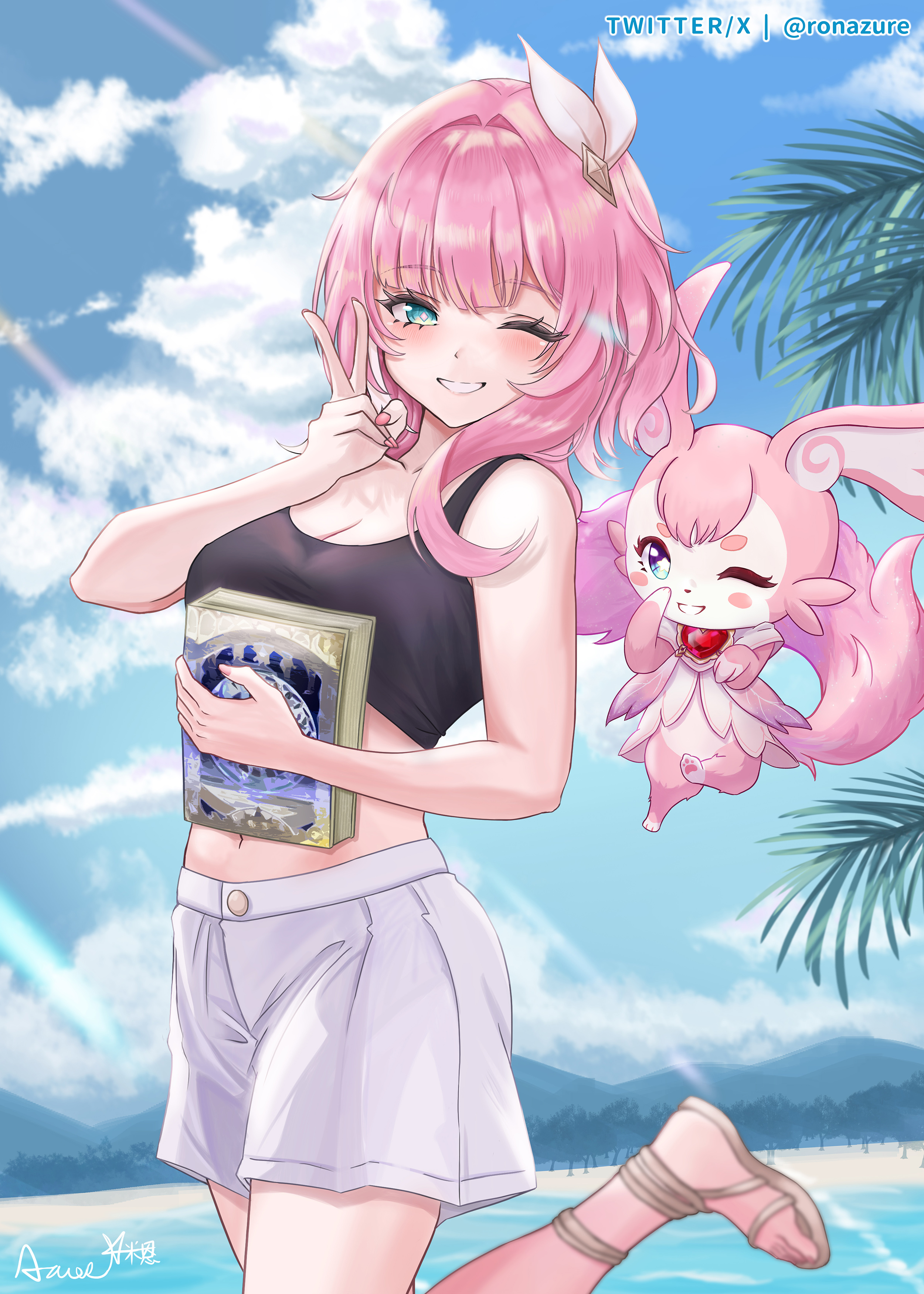 xing mi'en, cyrene (honkai: star rail), mem (honkai: star rail), honkai: star rail, honkai (series), absurdres, commentary request, highres, 1girl, ;), beach, black tank top, blue eyes, blue sky, book, breasts, cleavage, cyrene (aedes elysiae) (honkai: star rail), hair ornament, holding, holding book, medium breasts, midriff, navel, one eye closed, outdoors, pink hair, sandals, short hair, shorts, sky, smile, tank top, twitter username, v, white shorts