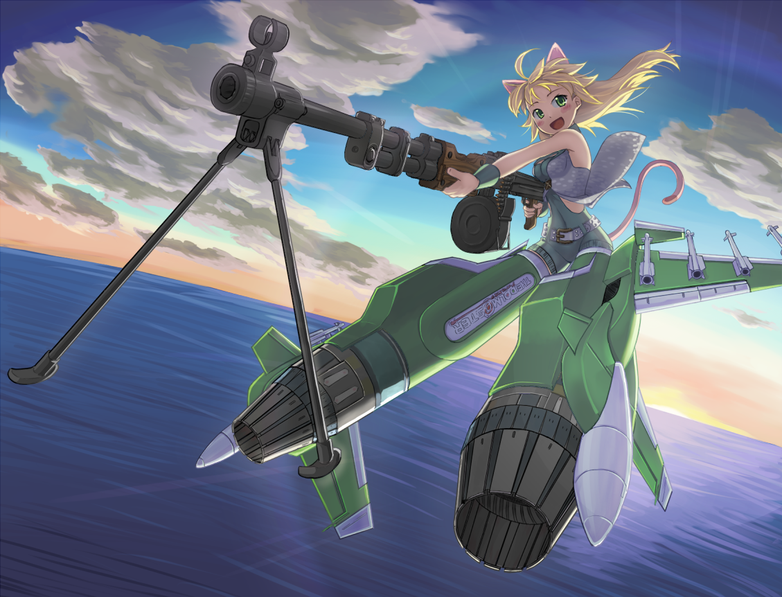 hakkaku shikimi, hoshii miki, su-33, idolmaster, idolmaster (classic), idolmaster 1, strike witches, world witches series, 1girl, ahoge, aircraft, airplane, animal ears, belt, blonde hair, blush, cat ears, cat girl, cat tail, cloud, cool & sexy (idolmaster), drum magazine, female focus, gun, light machine gun, machine gun, magazine (weapon), ocean, outdoors, parody, rpd, sky, solo, striker unit, tail, weapon