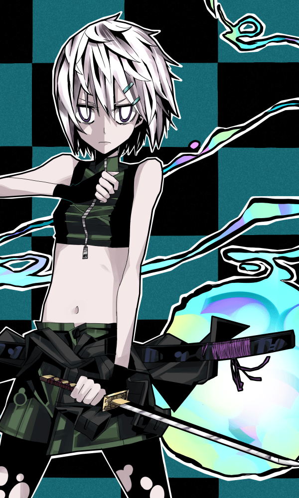 koto (kotocotton), konpaku youmu, touhou, bad id, bad pixiv id, 1girl, female focus, katana, midriff, navel, skirt, solo, sword, weapon, white hair