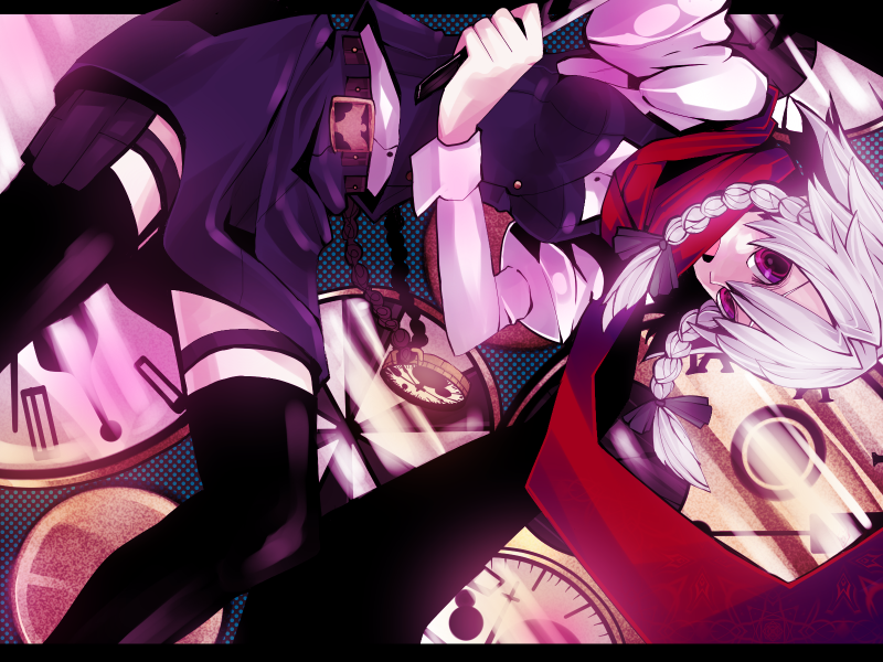 koto (kotocotton), izayoi sakuya, touhou, 1girl, bent over, braid, clock, dutch angle, female focus, pocket watch, red eyes, red scarf, scarf, solo, thighhighs, twin braids, watch, white hair, zettai ryouiki