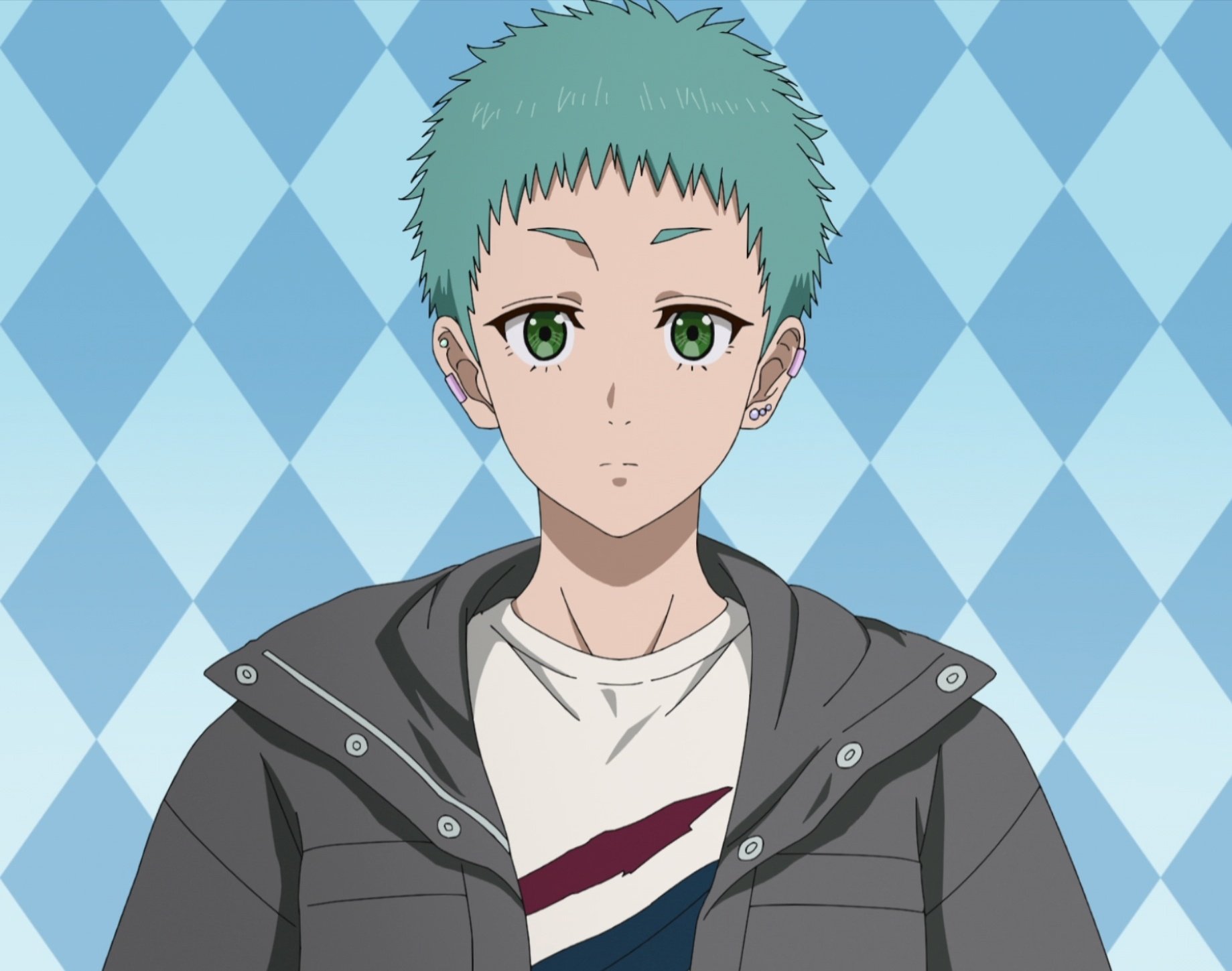 hino mizuki, futari solo camp, highres, 1girl, blue background, blue hair, green eyes, jacket, shirt, short hair, upper body, white shirt