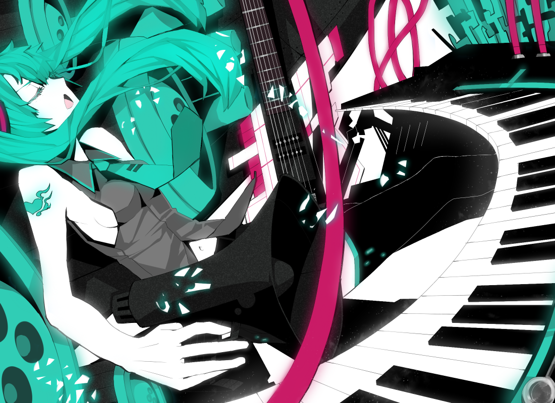 koto (kotocotton), hatsune miku, koi wa sensou (vocaloid), vocaloid, bad id, bad pixiv id, instrument, keyboard, keyboard (instrument), neon lights, solo, synthesizer
