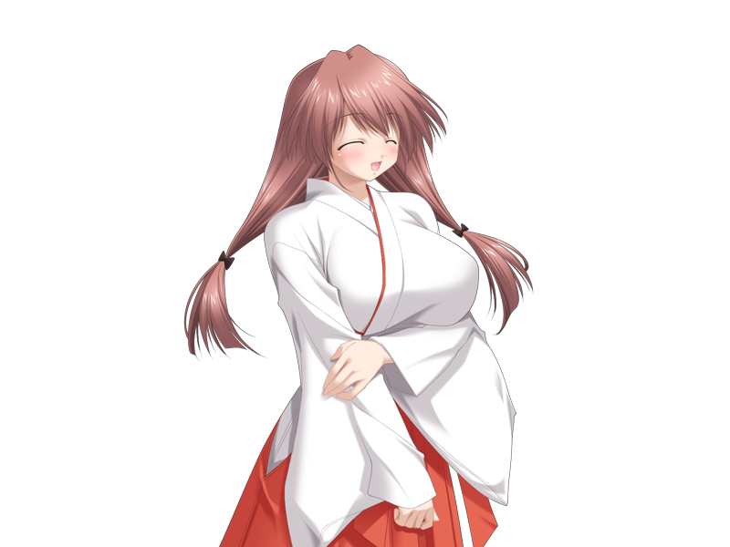 goma satoshi, oshiete miko sensei (series), game cg, 1girl, blush, bow, breasts, brown hair, closed eyes, hair bow, hakama, hakama skirt, holding own arm, japanese clothes, large breasts, long hair, long sleeves, miko, open mouth, oshiete miko sensei ni, red hakama, shiratori mina (oshiete miko sensei), simple background, skirt, smile, solo, wide sleeves