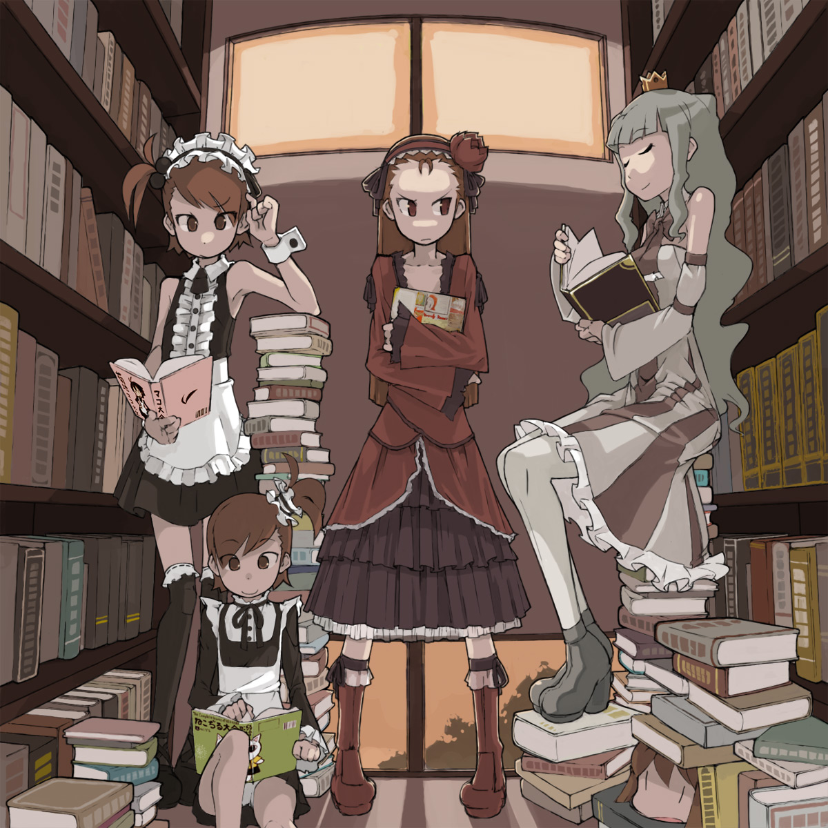 tugeneko, futami ami, futami mami, hagiwara yukiho, kikuchi makoto, minase iori, shijou takane, idolmaster, idolmaster (classic), idolmaster 1, platform footwear, highres, 00s, 5girls, armpits, book, bookshelf, boots, crown, dress, frills, hair bobbles, hair ornament, hairband, knee boots, library, lolita fashion, multiple girls, panties, siblings, sisters, twins, underwear, white panties, wrist cuffs, wristband