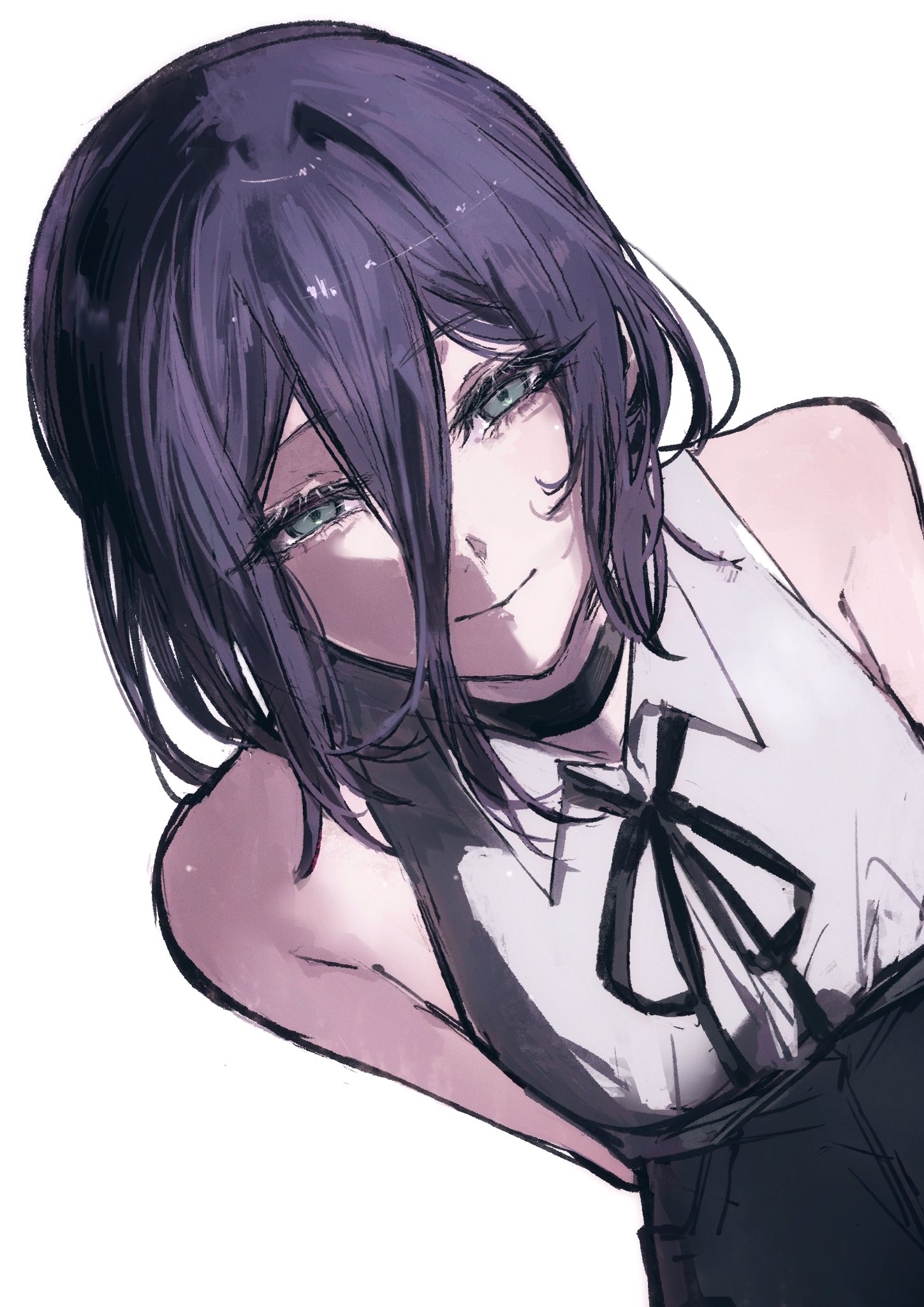 moku (muooku), reze (chainsaw man), chainsaw man, highres, 1girl, black choker, choker, closed mouth, collared shirt, green eyes, hair between eyes, looking at viewer, neck ribbon, purple hair, ribbon, shirt, simple background, smile, solo, white background, white shirt