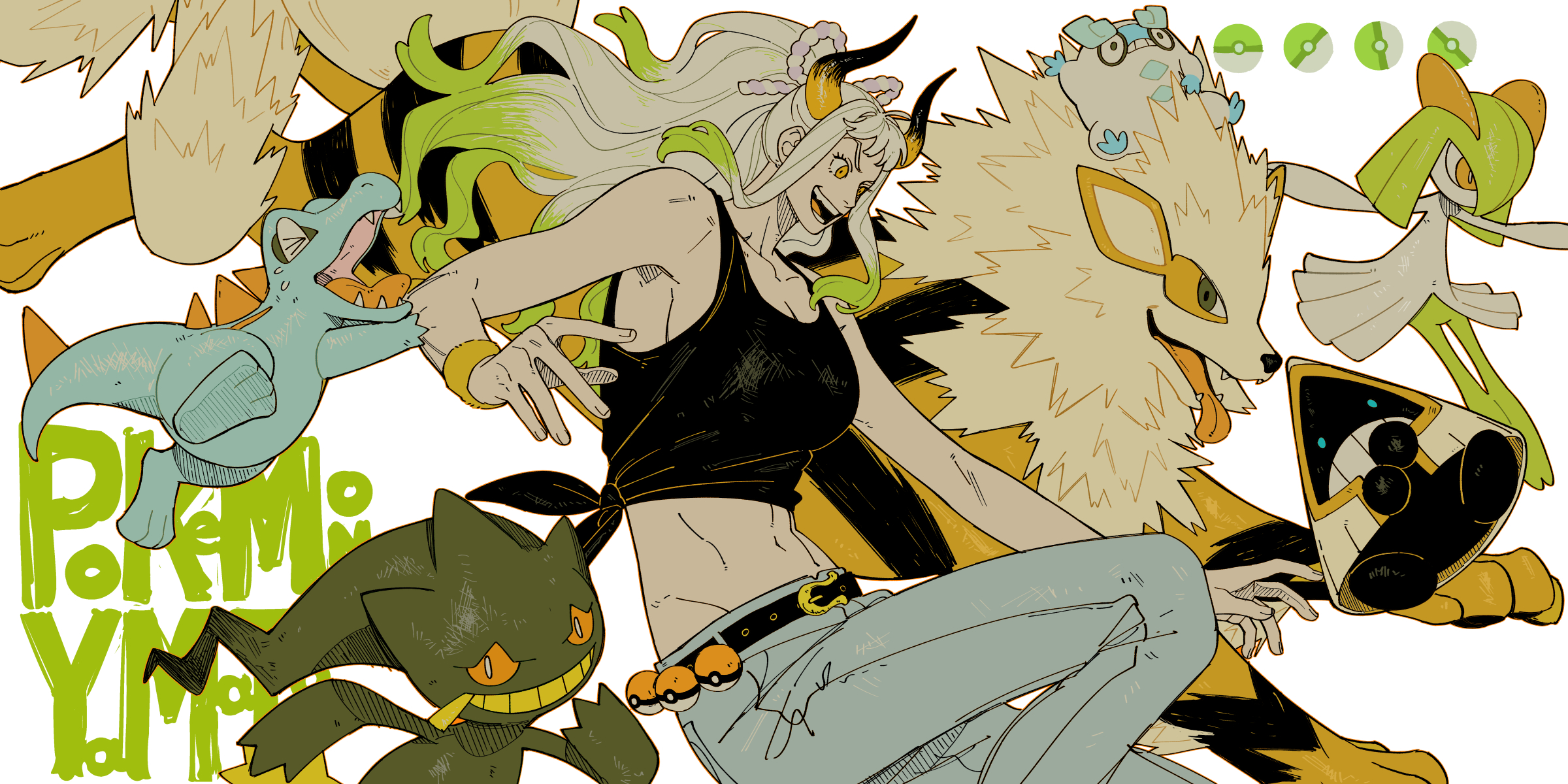 nyan 2020, arcanine, banette, galarian darumaka, kirlia, snorunt, totodile, yamato (one piece), nintendo, one piece, pokemon, highres, > <, 2girls, alternate costume, animal, armband, arms up, ballerina, belt, black belt, black shirt, blue eyes, blue pants, blue skin, breasts, cleavage, closed eyes, collarbone, colored sclera, colored skin, constricted pupils, crocodilian, crop top, crossover, crying, english text, fangs, fluffy, full body, galarian form, gen 1 pokemon, gen 2 pokemon, gen 3 pokemon, gen 8 pokemon, grabbing another's arm, green hair, hair ornament, hair over one eye, horns, looking at viewer, medium breasts, midriff, multicolored horns, multiple girls, nostrils, open mouth, orange pupils, outstretched arm, outstretched arms, pants, poke ball, pokemon (creature), ponytail, red eyes, red sclera, sharp teeth, shirt, sideboob, sidelocks, sitting on animal, skirt, sleeveless, slit pupils, smile, stuffed toy, tail, teeth, tied shirt, tongue, tongue out, white hair, white horns, white skirt, wide oval eyes, yellow armband, yellow tail, zipper