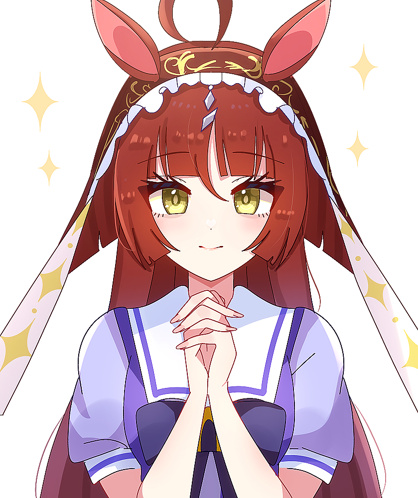 shiroiro obake, red desire (umamusume), umamusume, 1girl, ahoge, animal ears, blunt bangs, blunt ends, closed mouth, hairband, hands up, horse ears, horse girl, long hair, own hands clasped, own hands together, puffy short sleeves, puffy sleeves, purple background, purple shirt, red hair, red hairband, sailor collar, school uniform, shirt, short sleeves, simple background, smile, solo, star (symbol), tracen school uniform, very long hair, white background, white sailor collar, yellow eyes