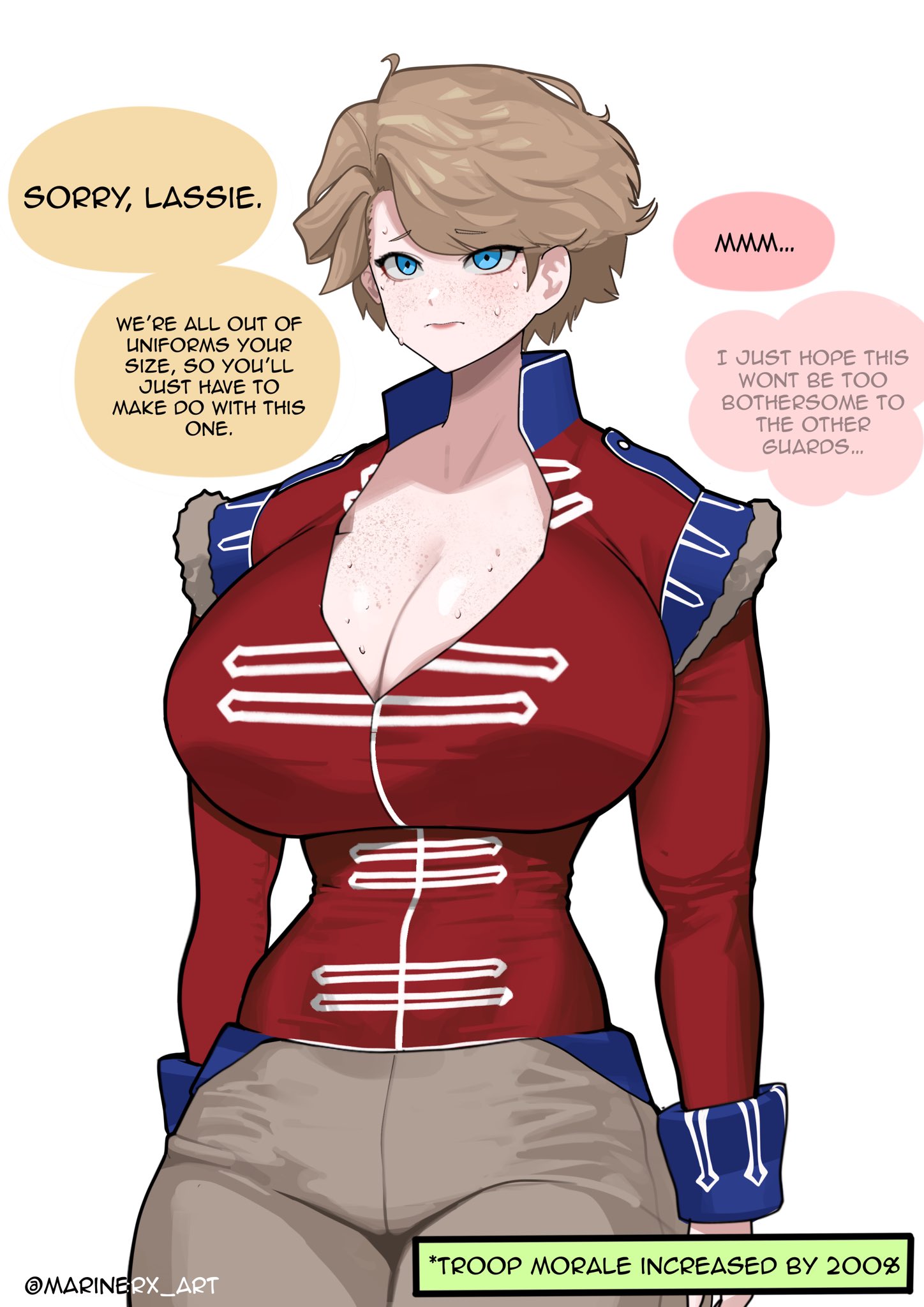 marinerx, coldstream (marinerx), original, highres, 1girl, blonde hair, blue eyes, blush, body freckles, breasts, cleavage, english text, freckles, jacket, large breasts, military uniform, pants, short hair, soldier, speech bubble, sweat, twitter username, white background