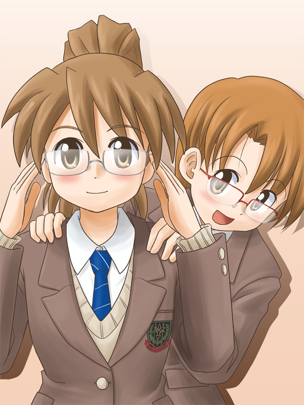 lielos, fujimoto atsuko, poniko (lielos), original, 2girls, adjusting eyewear, bespectacled, blazer, blue necktie, blush, brown hair, cosplay, glasses, high ponytail, jacket, multiple girls, necktie, ponytail, school uniform, short hair