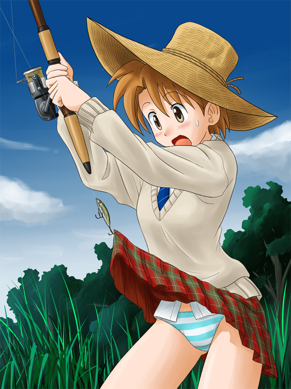 lielos, fujimoto atsuko, original, 1girl, blush, brown eyes, brown hair, clothes lift, cloud, day, female focus, fishing, fishing rod, hat, holding, holding fishing rod, lure, necktie, open mouth, panties, short hair, skirt, skirt lift, sky, solo, striped clothes, striped panties, sweat, sweater, underwear, upskirt