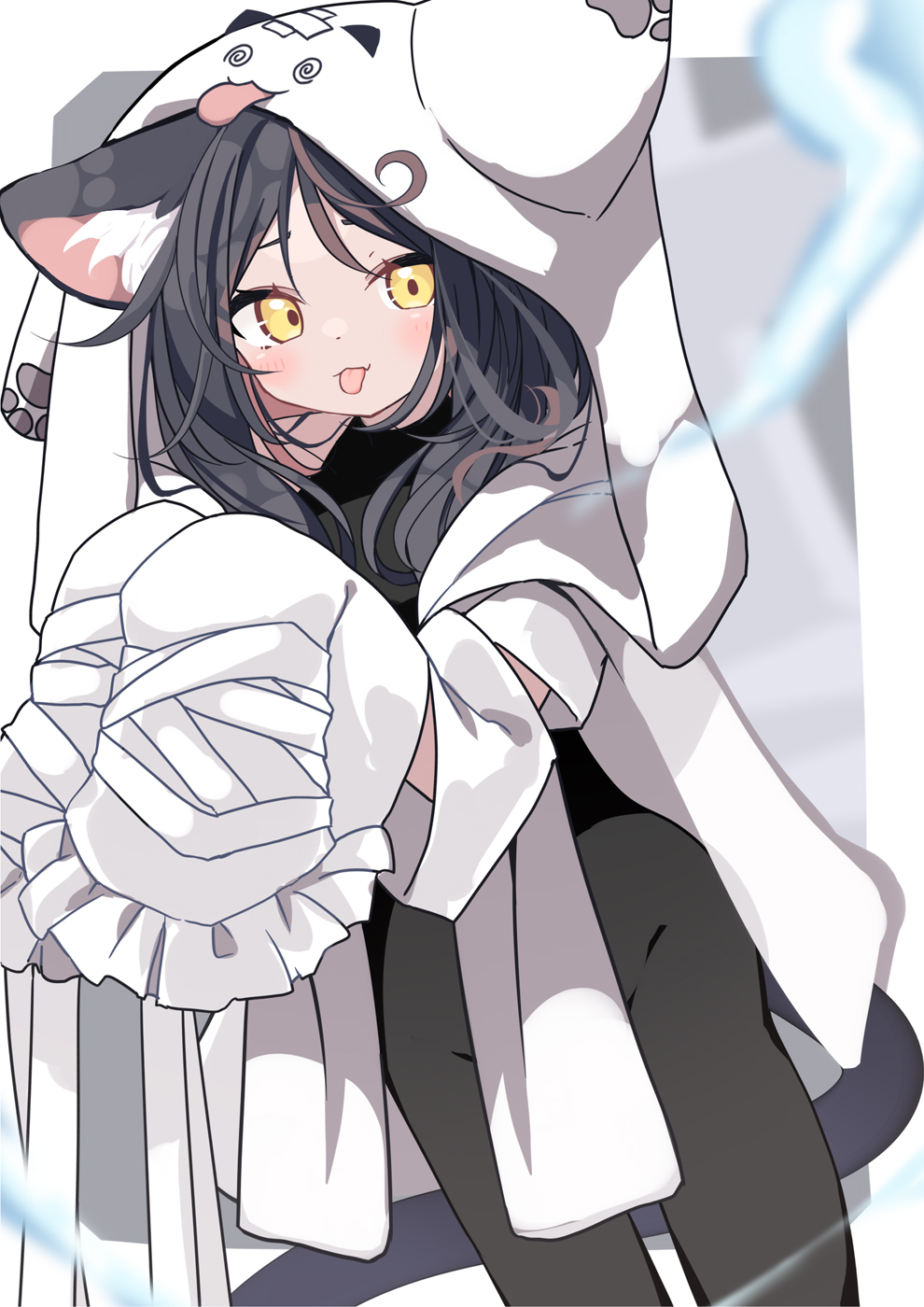 daidai ookami, original, commentary request, highres, 1girl, animal ear fluff, animal ears, bandages, black bodysuit, black hair, blush, bodysuit, brown hair, cat ears, cat girl, cat tail, covered groin, detached sleeves, eyebrows hidden by hair, frilled sleeves, frills, ghost costume, long sleeves, looking at viewer, multicolored hair, sleeves past fingers, sleeves past wrists, solo, standing, tail, tongue, tongue out, two-tone hair, white sleeves, yellow eyes