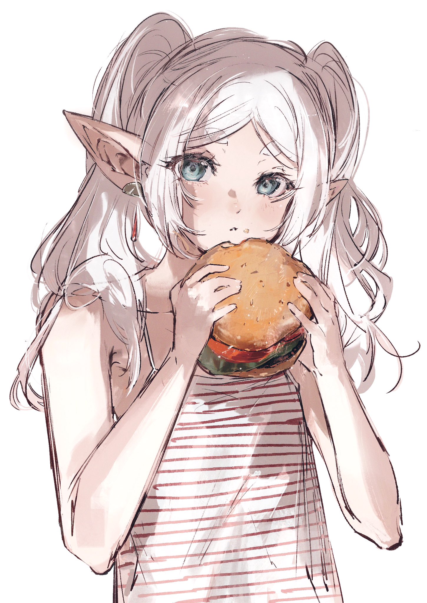 moku (muooku), frieren, sousou no frieren, highres, 1girl, bare arms, bare shoulders, blush, burger, double-parted bangs, earrings, elf, food, food in mouth, food on face, green eyes, holding, holding burger, holding food, jewelry, long hair, looking at viewer, pointy ears, sidelocks, solo, striped tank top, tank top, twintails, white hair, white tank top