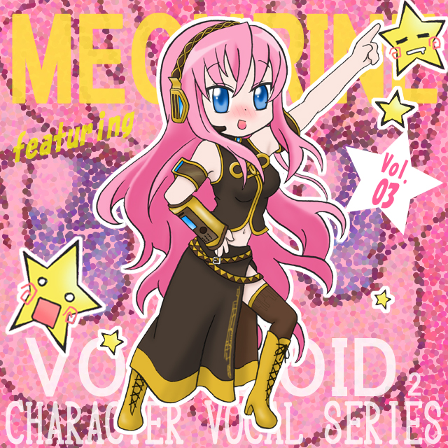 megurine luka, takara miyuki, lucky star, vocaloid, blush, cosplay, long hair, megurine luka (cosplay), parody, pink hair, solo, star (symbol), thighhighs, very long hair
