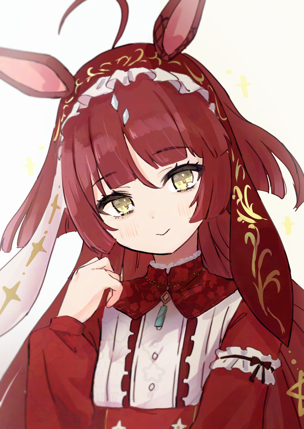 potarou pomi, red desire (umamusume), umamusume, highres, 1girl, animal ears, blunt bangs, blush, closed mouth, dress, flat chest, frilled hairband, frills, hairband, hand up, horse ears, horse girl, long sleeves, red dress, smile, solo, yellow eyes