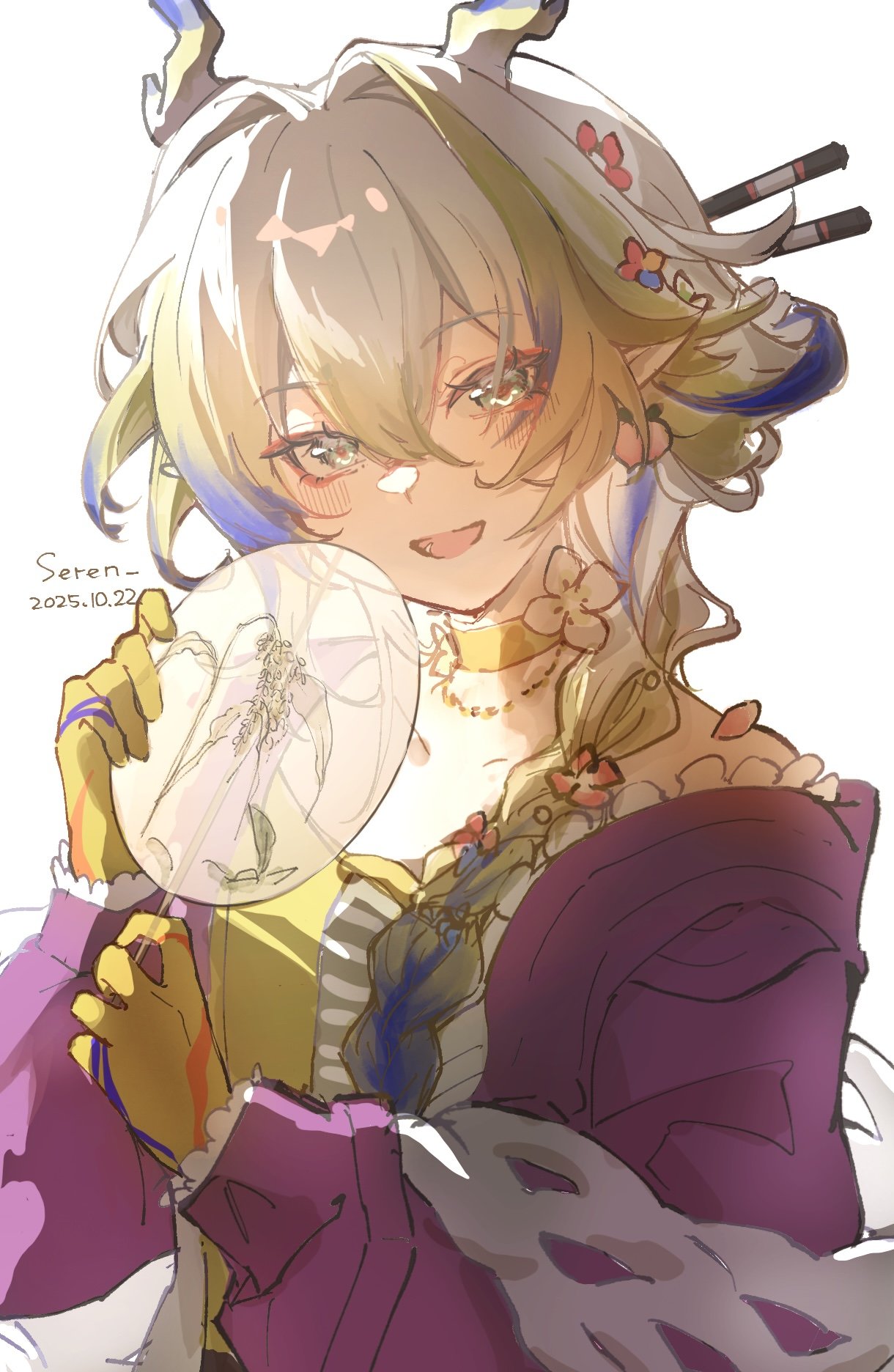 shu (arknights), shu (spring feast) (arknights), arknights, chinese commentary, commentary request, highres, 1girl, :d, blonde hair, blue hair, blush, choker, colored extremities, dated, dragon girl, dragon horns, eyeliner, flower, frills, grey eyes, hair between eyes, hair flower, hair ornament, happy, holding, horns, jacket, long hair, long sleeves, makeup, multicolored hair, official alternate costume, open mouth, orange eyeliner, pink jacket, rinko seren, simple background, smile, solo, transparent, upper body, white background, white hair, yellow choker