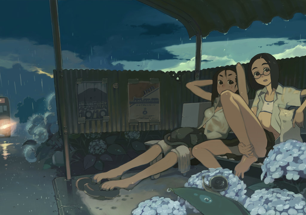 yahagi yuhichi, original, vehicle, 2girls, bad anatomy, bad feet, barefoot, bus, bus stop, casual, cat, feet, flower, freckles, glasses, hydrangea, motor vehicle, multiple girls, open clothes, open shirt, poorly drawn, poster (object), rain, shirt, shoes, snail, socks, spread toes, toes, towel, wet, wet clothes, wet hair