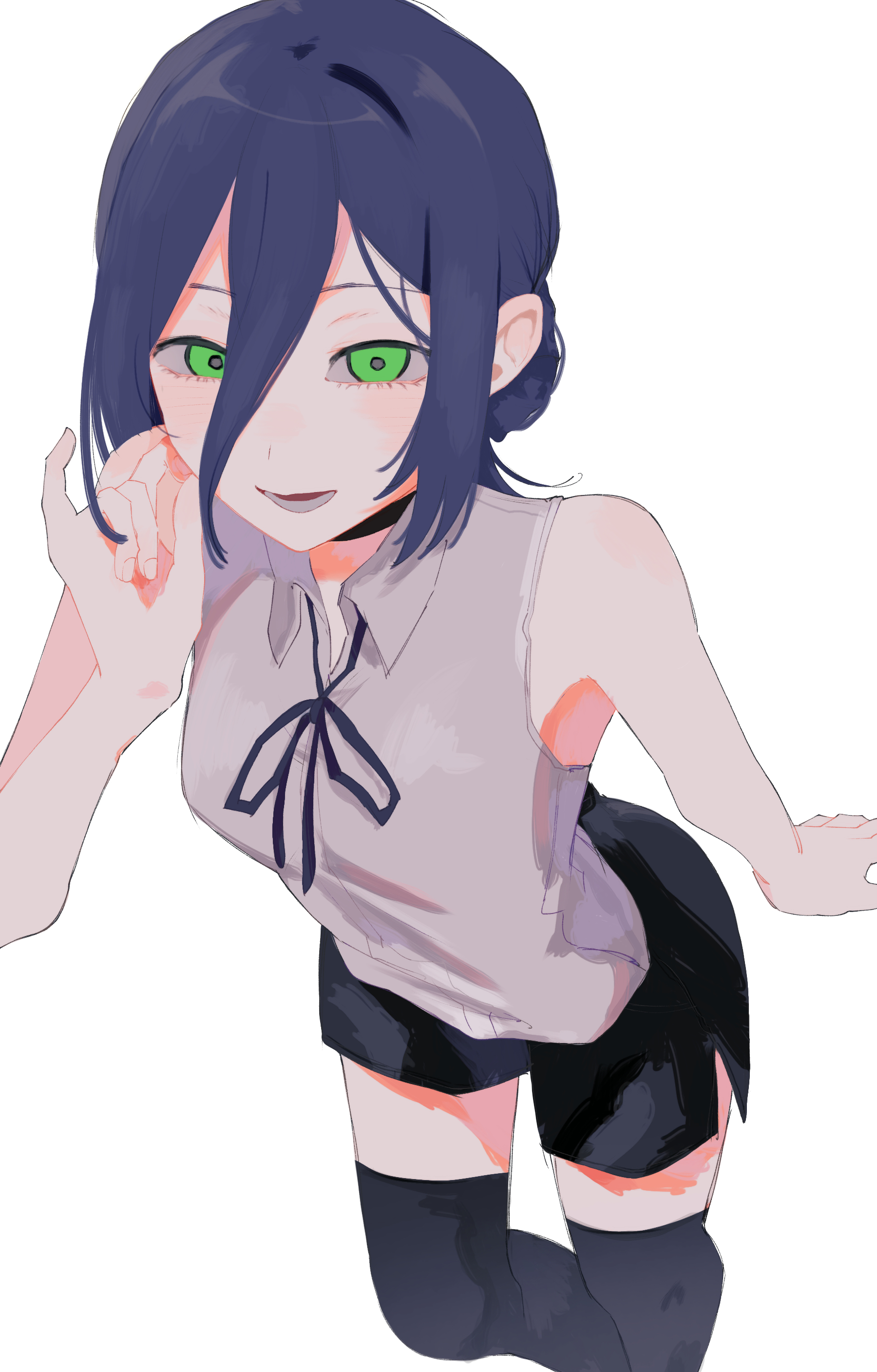 reze (chainsaw man), chainsaw man, absurdres, highres, 1girl, armpits, bare shoulders, black ribbon, black shorts, black thighhighs, breasts, chazuke, collared shirt, green eyes, hair between eyes, long bangs, long hair between eyes, looking at viewer, neck ribbon, parted lips, purple hair, ribbon, shirt, shorts, simple background, small breasts, smile, solo, thighhighs, white shirt, zettai ryouiki